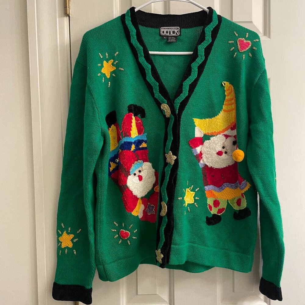 Vintage Berek Green Elf Santa Embelished Ugly Christmas Cardigan